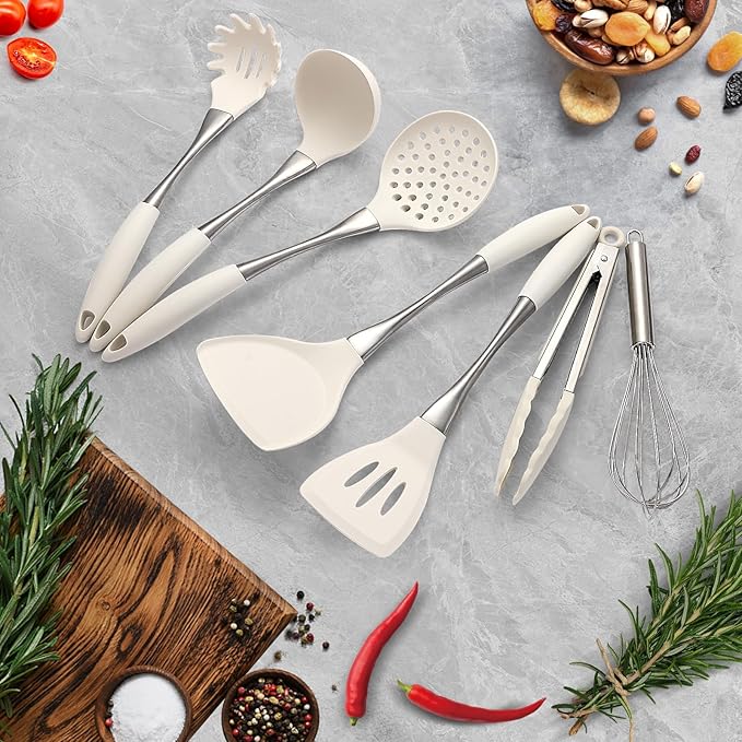 Premium White Silicone Cooking Utensils Set-Non-Toxic Heat Resistant BPA Free Kitchen Utensils Set with Spatula Spoon Whisk &amp Tongs-Non-Stick&amp Dishwasher Safe for Nonstick Cookware
