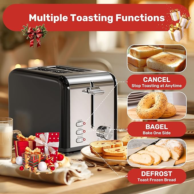 YSSOA Stainless Steel Toaster 2 Slice with Extra Wide Slot &amp Removable Crumb Tray 6 Shade Settings and Bagel/Defrost/Cancel Functions Compact Oven for Various Bread &amp Waffle Black (Pack of