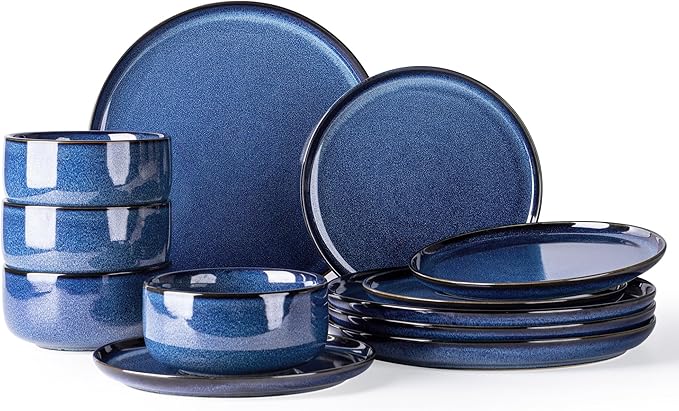 TheTerra Ceramic Dinnerware Sets for 4 12 Pieces Handmade Reactive Glaze Plates and Bowls Set Scratch Resistant Dish Set Oven &amp Microwave &amp Dishwasher Safe Blue