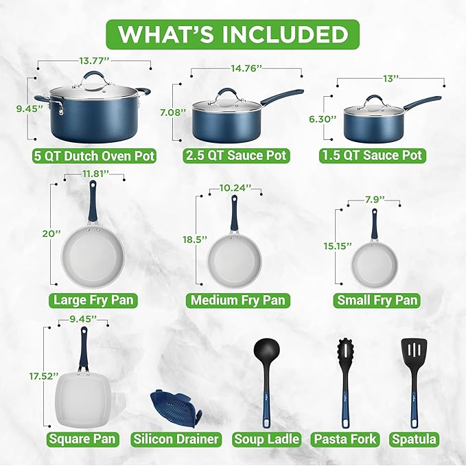 NutriChef High-Qualified Basic Kitchen Pots and Pans Set 14 Piece Induction Compatible Nonstick Cookware Set- Non Toxic Free of PTFE PFOA PFOS Easy Clean and Release One Size Blue