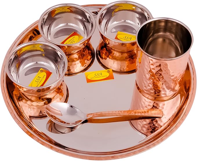 Shiv Shakti Arts® Stainless Steel Copper Dinner Thali Set 6 Pieces - Luxury Hammer Design Anarkali Dinner Set