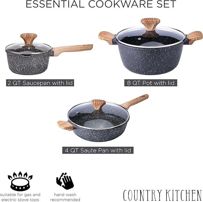 Country Kitchen Non-Stick Cast Aluminum Cookware Set - Durable Kitchen Cookware for Everyday Cooking Speckled Grey 6 Pc.
