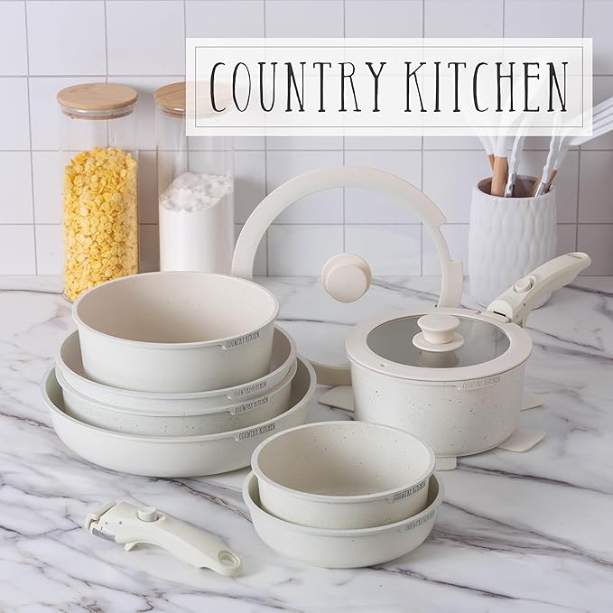 Country Kitchen Cookware Set with Removable Handle Oven &amp RV Safe Pots and Pans Set Cream Deluxe Larger Set