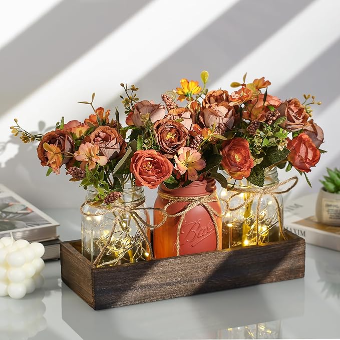 3 Pcs Mason Jar Centerpiece Table Decorations for Dining Table Decor Farmhouse Coffee Table Decor with Wood Tray and Led Light Table Centerpieces for Dining room Kitchen Living BathroomOrange