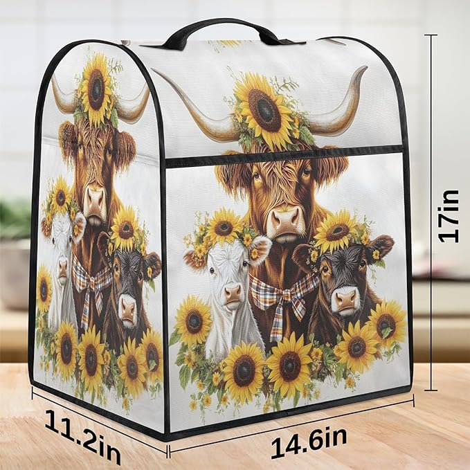 Kitchen Aid Mixer Cover Sunflower Cute Highland Cows Stand Mixer Cover Compatible with 6-8 Quarts Stand Mixers Dust Covers with Zipper Pocket Foldable Washable Kitchen Aid Organizer Bag