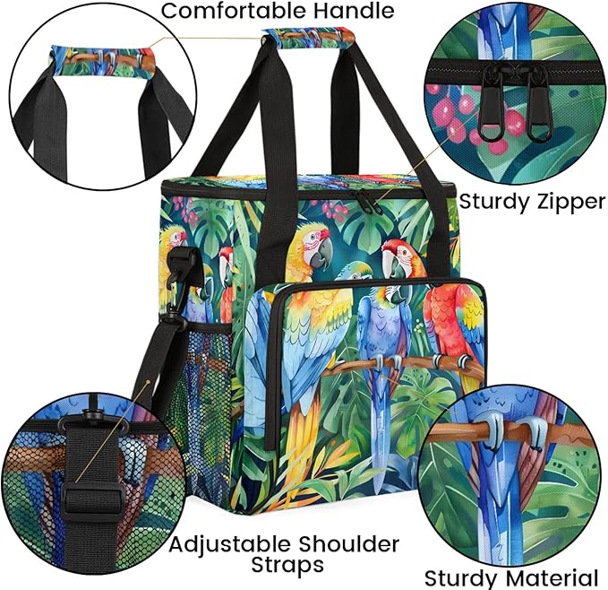 Parrot Tropical Palm Leaves Travel Coffee Maker Carrying Bag Large Organizer Storage Tote Bag Insulated Reusable Cooler Grocery Bags