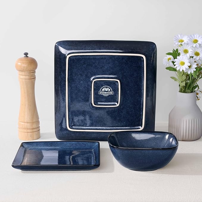 Herogo 12 Pieces Square Stoneware Dinnerware Set Service for 4 Dinner Plates and Bowls Sets Double Reactive Glaze Dishes Set for Kitchen Scratch Resistant Dishwasher Safe Starry Blue