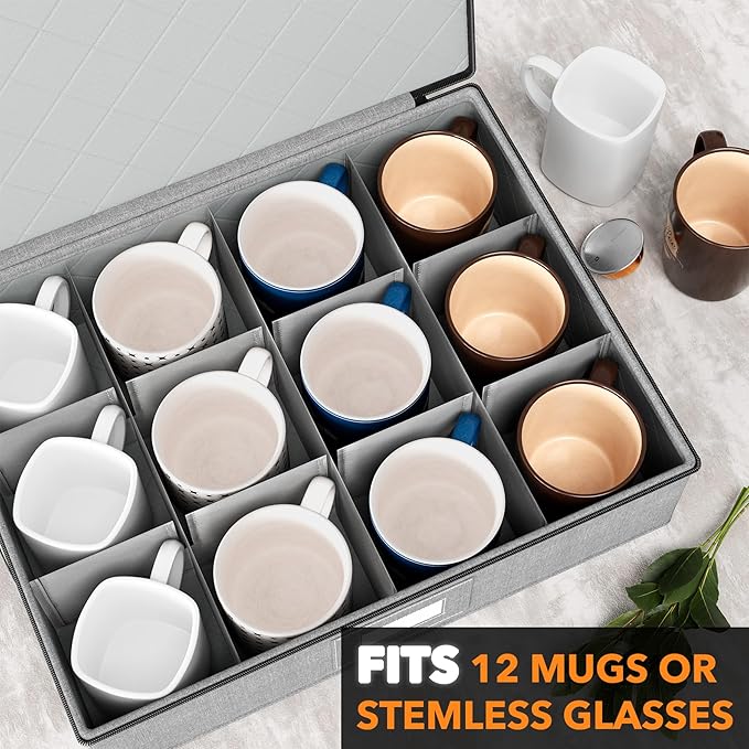 SpaceAid Cup and Mug Storage Organizer 2 Pack China Storage Containers Hard Shell Quilted Cases with Soft Plate Separators Moving Supplies Packing Boxes for 24 Tea Cups or Coffee Mugs (Grey)