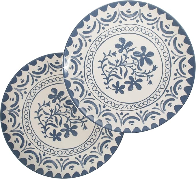 Bloomhouse - 2-Time Oprah’s Favorite Things - Valencia Flor 2 Piece 13” Serving Platter Set Stoneware Platters Mediterranean Floral Decal Design Microwave &amp Dishwasher Safe Iris Blue