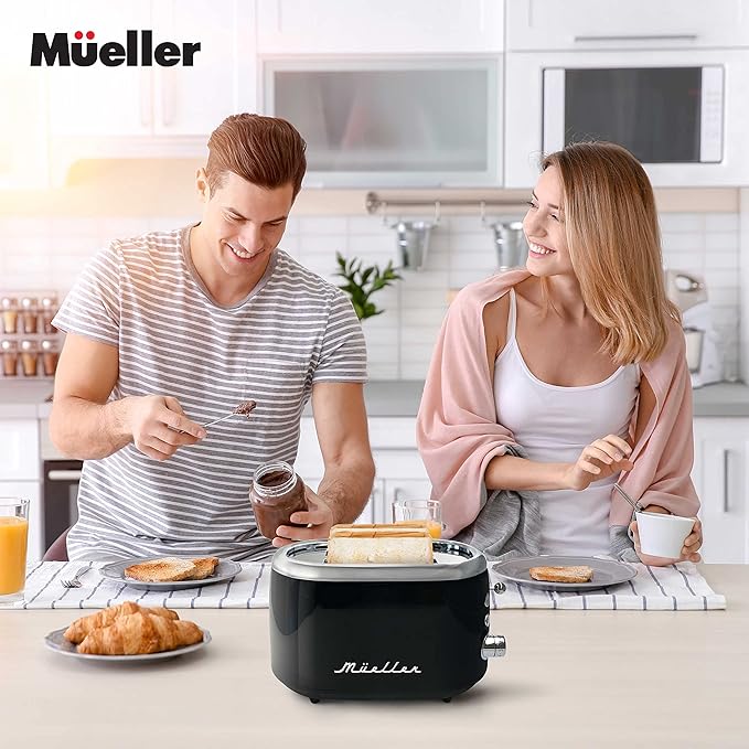 MUELLER HOME Retro Toaster 2 Slice 7 Browning Levels 3 Functions (Reheat Defrost Cancel) Stainless Steel Features Removable Crumb Tray Under Base Cord Storage Black