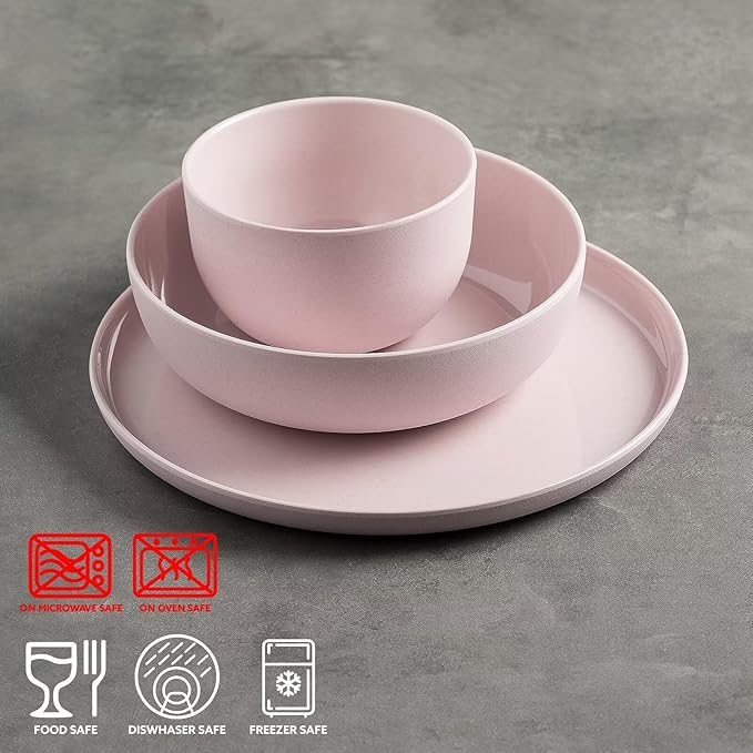 MissYIP 12 Pcs Wheat Straw Dinnerware Sets Unbreakable Reusable Kitchen Dinnerware Set Outdoor Camping Dishes BAP free Dishwasher SafeNot oven-safe or microwavable(Shell Pink)