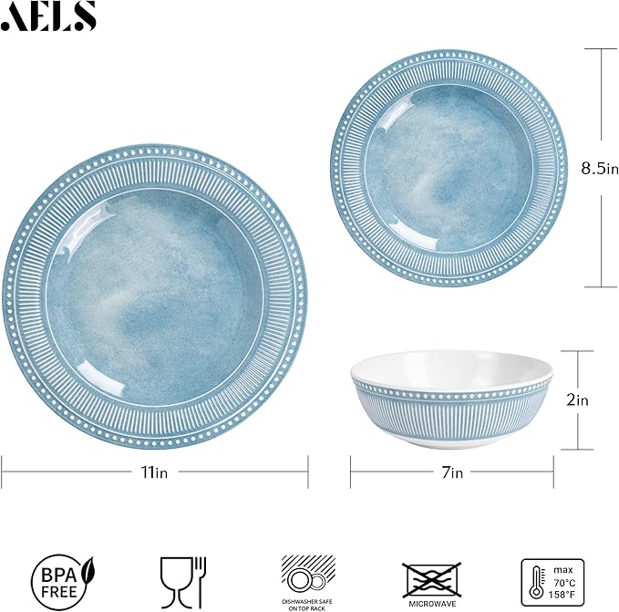 AELS Melamine Dinnerware Set of 18 Pcs Dinner Dishes Set for Indoor and Outdoor Use Melamine Plates and Bowls Set for 6 Dishwasher Safe Lightweight Unbreakable BPA Free Blue
