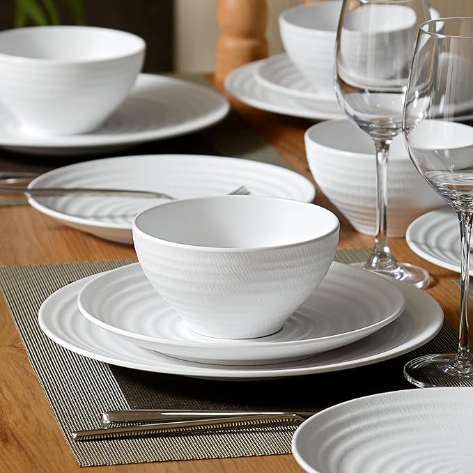 White Melamine Dinnerware Sets12PCs Anti-scratch Dishes Set Lightweight and Non breakable DinnerwareSuit for Indoor and Outdoor Use Dishwasher SafeBPA free (Classic White)