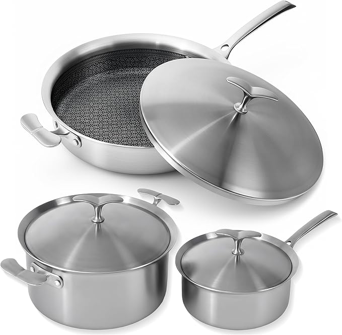 5-Ply Stainless Steel Cookware Set 6 Pcs Non Stick Pots and Pans Set with Steam-Return Lids Induction &amp Oven Safe Non Toxic PFOA PTFE PFOS Free Professional Chef Quality Cookware