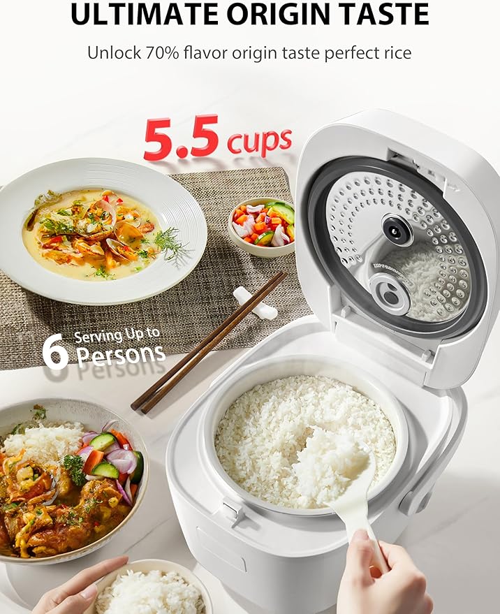 TOSHIBA OriginTaste Rice Cooker 5.5-Cup Uncooked Fuzzy Logic 15-in-1 Functions Digital Display Delay Timer Keep Warm Nonstick Inner Pot White