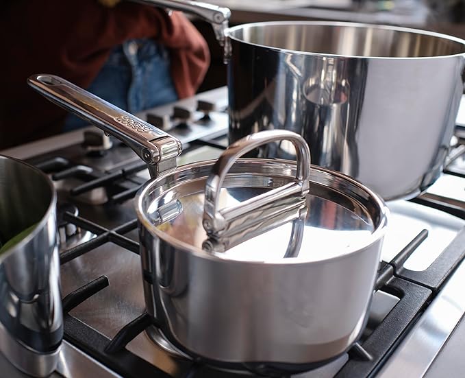 Joseph Joseph Space Steel 10-Piece Stainless Steel Sauce Pan Set with Lids Nesting with Folding Handles Induction &amp Oven Safe