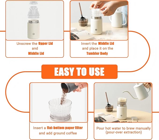 TIMEMORE Portable Coffee Maker Pour-Over Coffee Dripper Travel Coffee Cup Manual Brewer for Home and Outdoors - Ceramic-Coated Stainless Steel Tumbler 10.08 oz Capacity