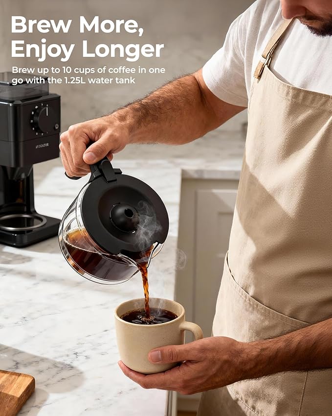 10 Cup Coffee Maker with Grinder Built in Automatic Grind and Brew Coffee Machine with Glass carafe Reusable Filter Auto shut off Warming plate for Home Offices or Large Families Black