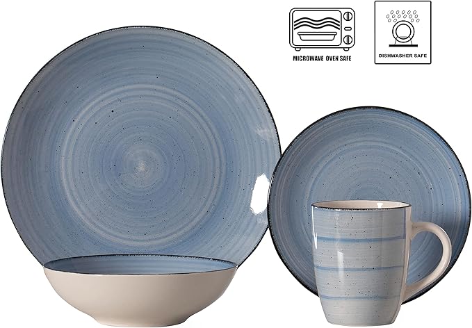 64-Pc Dinnerware Set for 16 Swirl Glazed Finish Includes Mugs Bowls Salad and Dinner Plates Chip Resistant Microwave Dishwasher and Oven Safe Blue