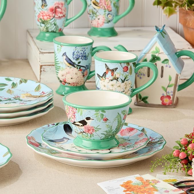 Flora 16-Piece Dinnerware Set Service for 4 – Includes Dinner Plates Dessert Plates Pedestal Mugs and Pedestal Ice Cream Bowls with Vibrant Nature-Inspired Floral Designs