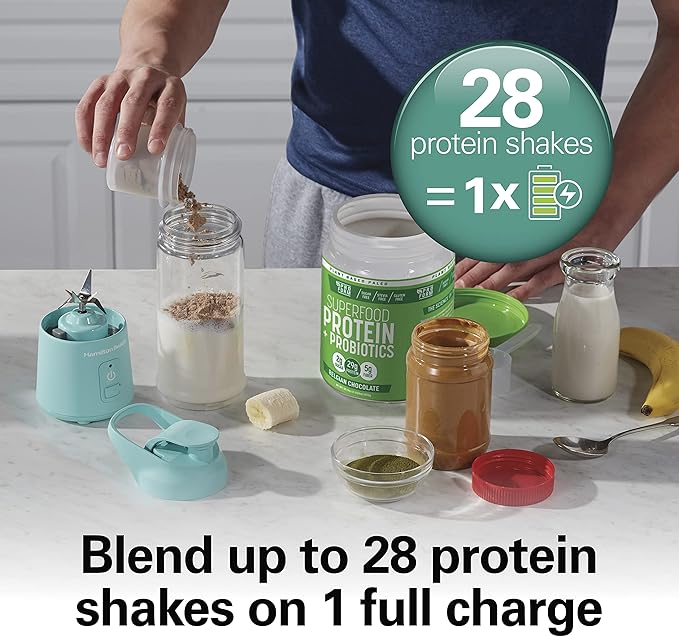 Hamilton Beach Mini Cordless Portable Personal Blender for Shakes and Smoothies USB Rechargeable 16 oz. Jar with Leakproof Travel Lid 6 Stainless Steel Blades Blue (51182)