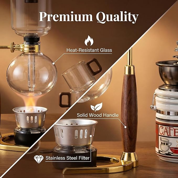 Siphon Coffee Maker 3-Cup (360ml) Japanese Vacuum Brew Pot with Coffee Grinder Glass Cup Storage Container Packaged Gift Box for Coffee Aficionados &amp Gift Giving