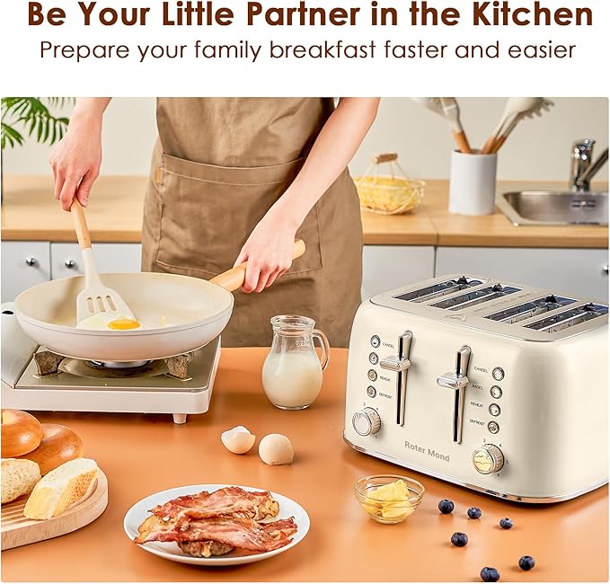Roter Mond Toaster 4 Slice Retro Stainless Steel with Extra Wide Slots Bagel Defrost Reheat Function Dual Independent Control Panel Removable Crumb Tray 6 Browning Levels Cream White