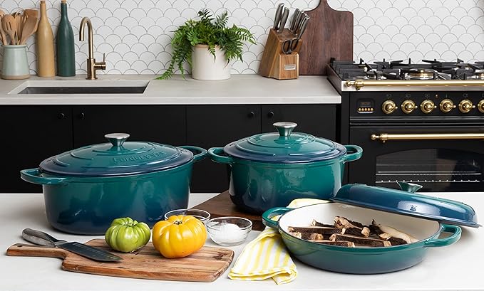 Larder &amp Vine 6-Piece Enameled Cast Iron Pan Cookware Sets Includes 8 Quart and 5.7 Quart Dutch Oven with Lids Braiser/Crock Pot with Lid (Bondi)