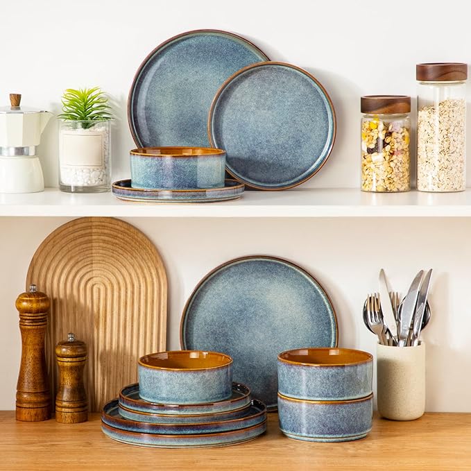 vancasso ONION Ceramic Plates and Bowls Sets 12 Pieces Blue Dinnerware Sets and Coffee Mugs Set of 6 12 oz Coffee Cups Ceramic Stoneware Mugs with Handle for Latte Tea Cappuccino