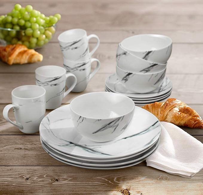 American Atelier Marble Black Coup Casual Round Porcelain Dinnerware Set-16 Piece Party Collection w/ 4 Dinner Salad Plates 4 Bowls &amp 4 Mugs 10.5 Updated White