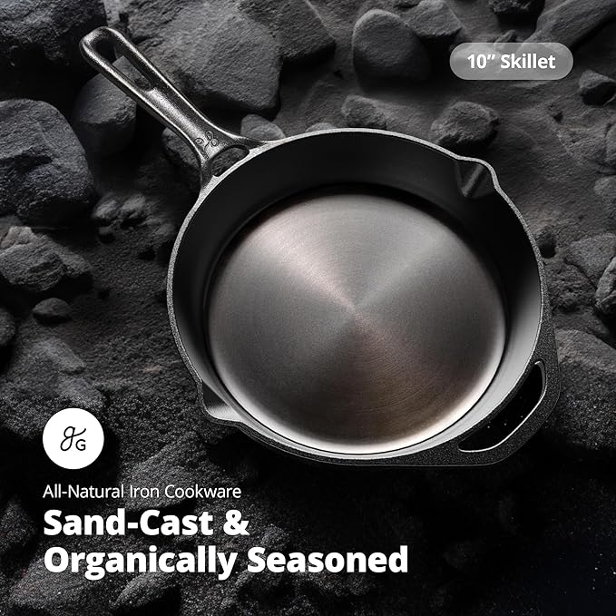 Greater Goods Thanksgiving Bundle: 10 Piece Nonstick Cookware Set 10” Cast Iron Skillet and Silicone Handle (Moss Green)