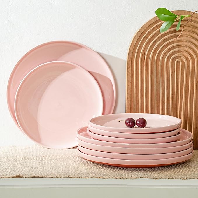 Plates and Bowls Sets 12 Piece Ceramic Dinnerware Set for Family and GatheringsDishes Set for 4Dishwasher &amp Microwave Safe Handcrafted Dishware SetsElegant Pink