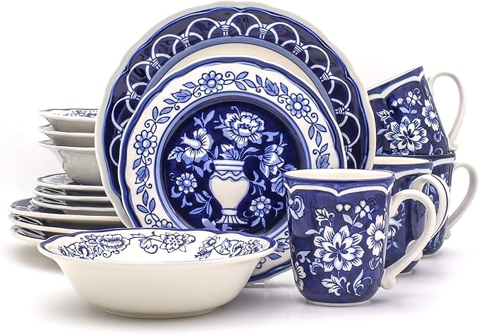 Euro Ceramica Blue Garden 16 Piece Oven Safe Hand Painted Stoneware Dinnerware Set Service for 4 Bold Vase Design/Floral Pattern White and blue