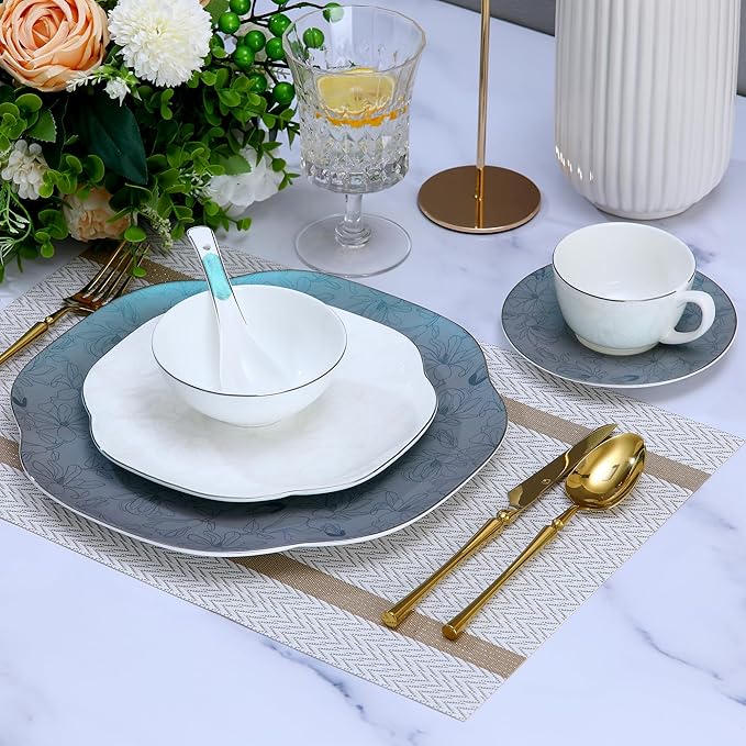 24 Piece Porcelain DinnerwareBone china Set for 4 Plates and Bowls Sets With exquisite Handmade Green FloralHighly Chip and Crack Resistant | Oven &amp Dishwasher (Green + Floral)