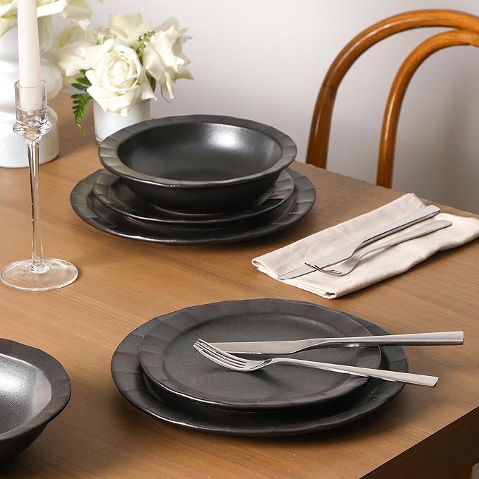 Stone Lain Oasis Stoneware 24 Piece Dinnerware Set Home Kitchen Dish Set with Dinner Plates Salad Plates &amp Bowls - Service for 8 Black