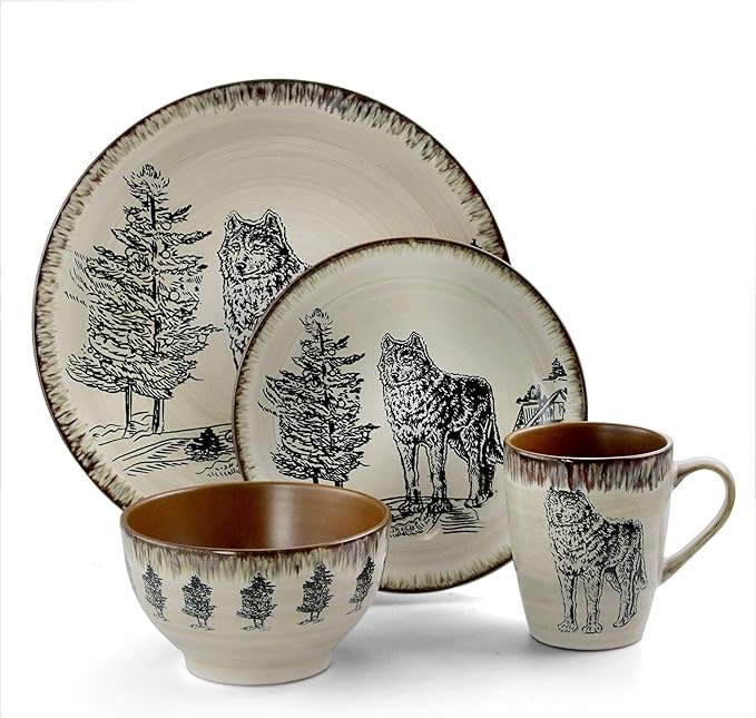 Unknown1 Winter Wolf 16 Piece Round Stoneware Dinnerware Set in Taupe Beige Animal Casual Microwave Safe Brown Medium