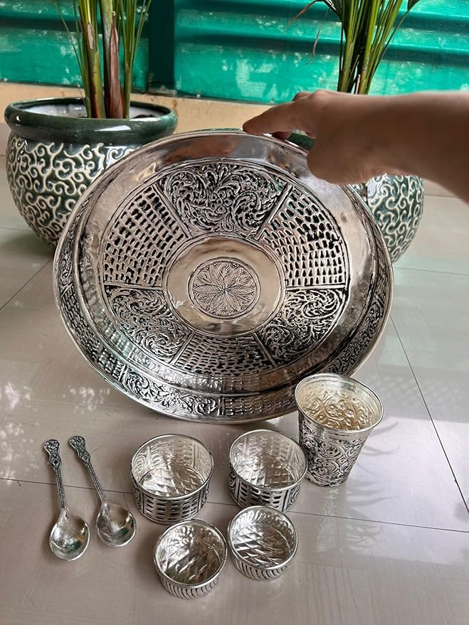 German Silver Antique Finish Dinner Set/BHOG THAAL/Pooja thali Set for Diwali/Housewarming poooja