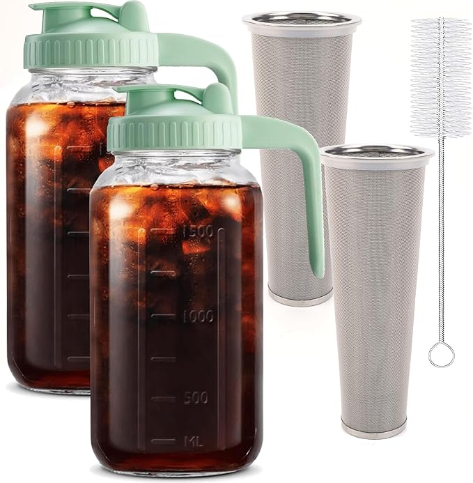 Fermus Set of 2 Cold Brew Coffee Maker 64oz / 2Quart Glass Pitcher with Stainless Steel Filter and Pour Spout Handle Lid Mason Jar for Making Cold Coffee Fruit Drinks Sun Tea (2)