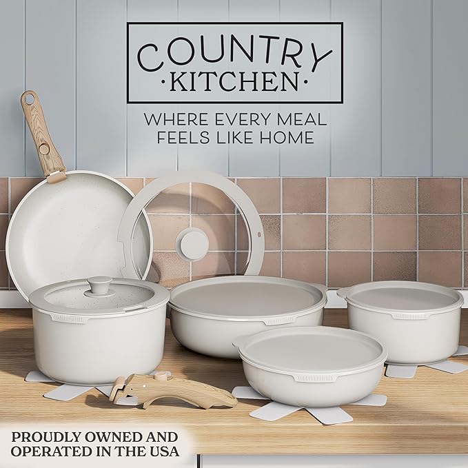 Country Kitchen Cookware Set with Removable Handle Oven &amp RV Safe Pots and Pans Set Cream Gold Speckle Wood Handle Original