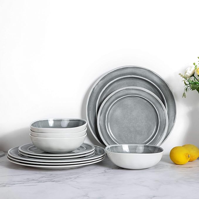 Melamine Dinnerware Set - 12pcs Dishes Dinnerware Set for 4 Indoor and Outdoor use Dishwasher Safe Break-resistant Lightweight Gray