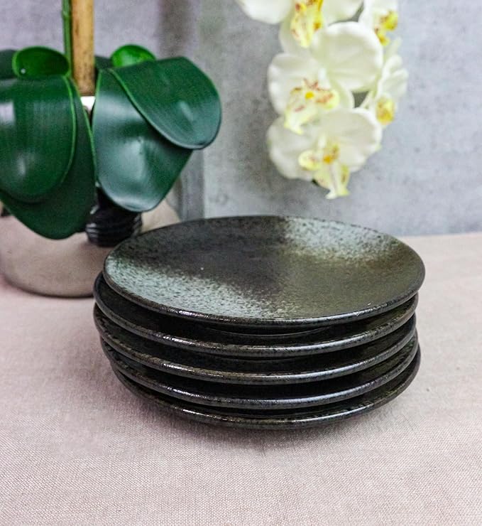 Ebros Gift Artistic Charcoal Grey Tone Hakumu Porcelain Collection Dinnerware Serveware Kitchenware Set Asian Japanese Restaurant Supply (Pack Of 5 Round Appetizer Salad Plates 6 D)