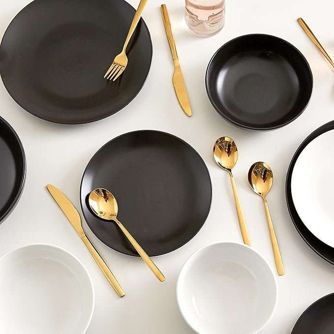 Euro Ceramica Euro Essential Collection 16 Piece Dinnerware Set Service for 4 Solid Semi-Matte Black