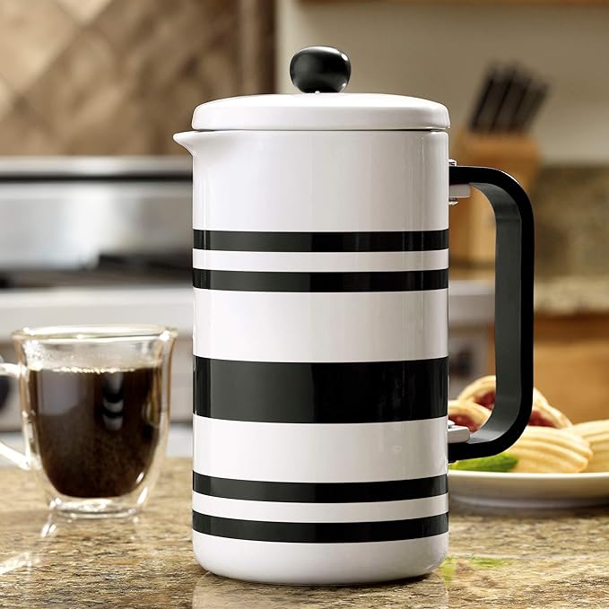 BonJour 47041 Hot Beverage Ceramic French Press Coffee Maker with Flavor Lock Filter and Bamboo Handle - 32 Ounce Black Stripes