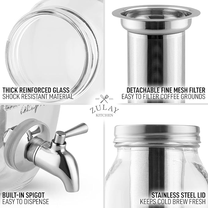 Zulay Kitchen 1.5 Liter Cold Brew Coffee Maker with EXTRA-THICK Glass Carafe &amp Stainless Steel Mesh Filter - Premium Iced Coffee Maker Cold Brew Pitcher &amp Tea Infuser