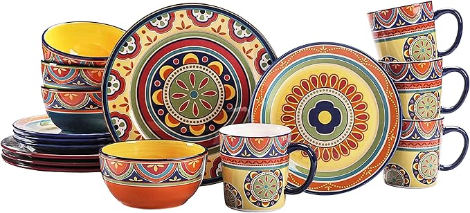 Bico Tunisian Ceramic 16 pcs Dinnerware Set Service for 4 Inclusive of 11 inch Dinner Plates 8.75 inch Salad Plates 26oz Cereal Bowls and Mugs for Party Microwave &amp Dishwasher Safe