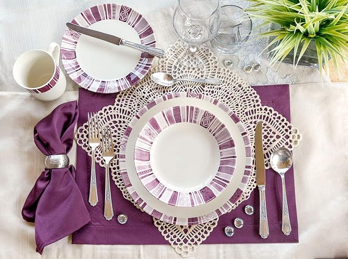 Tudor 16-Piece Premium Quality Round Porcelain Dinnerware SetBOHEME PURPLE Service for 4 See 10 Designs Inside!