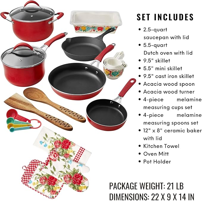 The Pioneer Woman Frontier Speckle Fancy Flourish Cookware and Bakeware Set Aluminum Nonstick 22 Piece Kitchen Tools Red