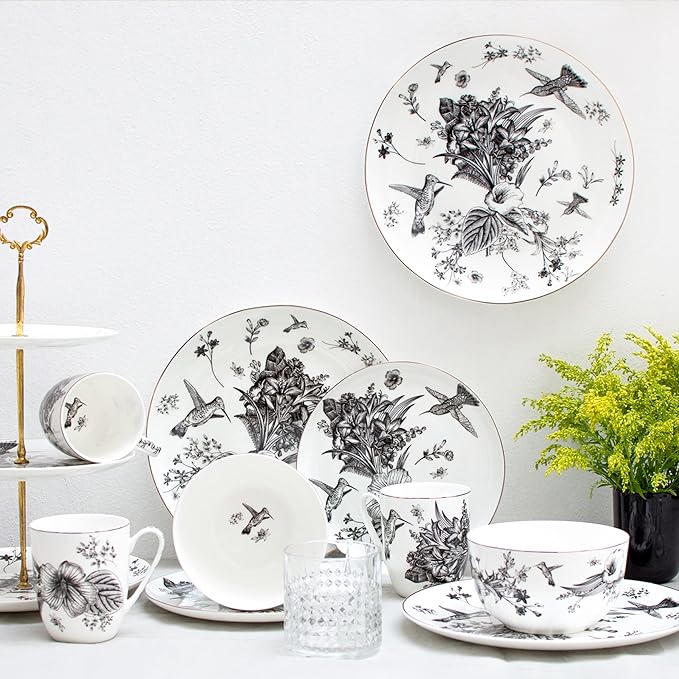Botanic Plates and Bowls Sets Dishes Set for 4 Ceramic Plates and Bowls Set Service for 4 Bone China Dinnerware Set Salad Dessert Plates and Cereal Bowls Set Microwave safe by KOKEN