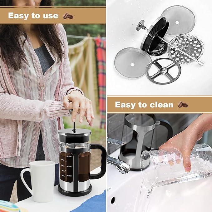 French Press Coffee Tea Maker Upgrade Heat Cold Resistant Thickened Glass with 4 Level Stainless Steel Filtration System Brew Coffee &amp Tea BPA Free Large 1000ml 34oz (Silver)