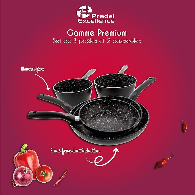 Set of 3 Frying Pans 20 24 28 mm + 2 Saucepans 18.3 cm Stone Style Exterior Black